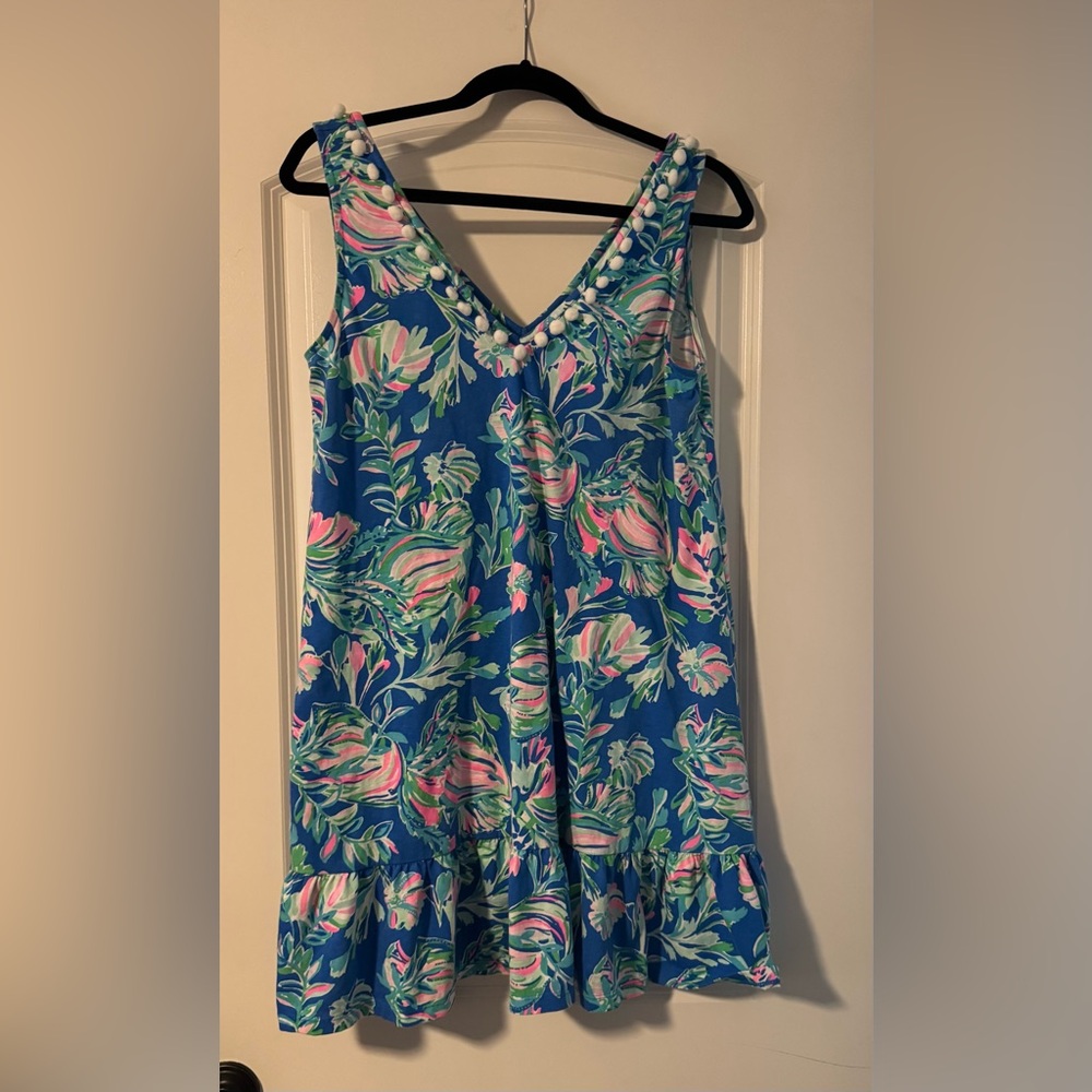 Lily Pulitzer Floral Sleeveless Dress with Ruffle Hem and Pom Pom’s at neckline